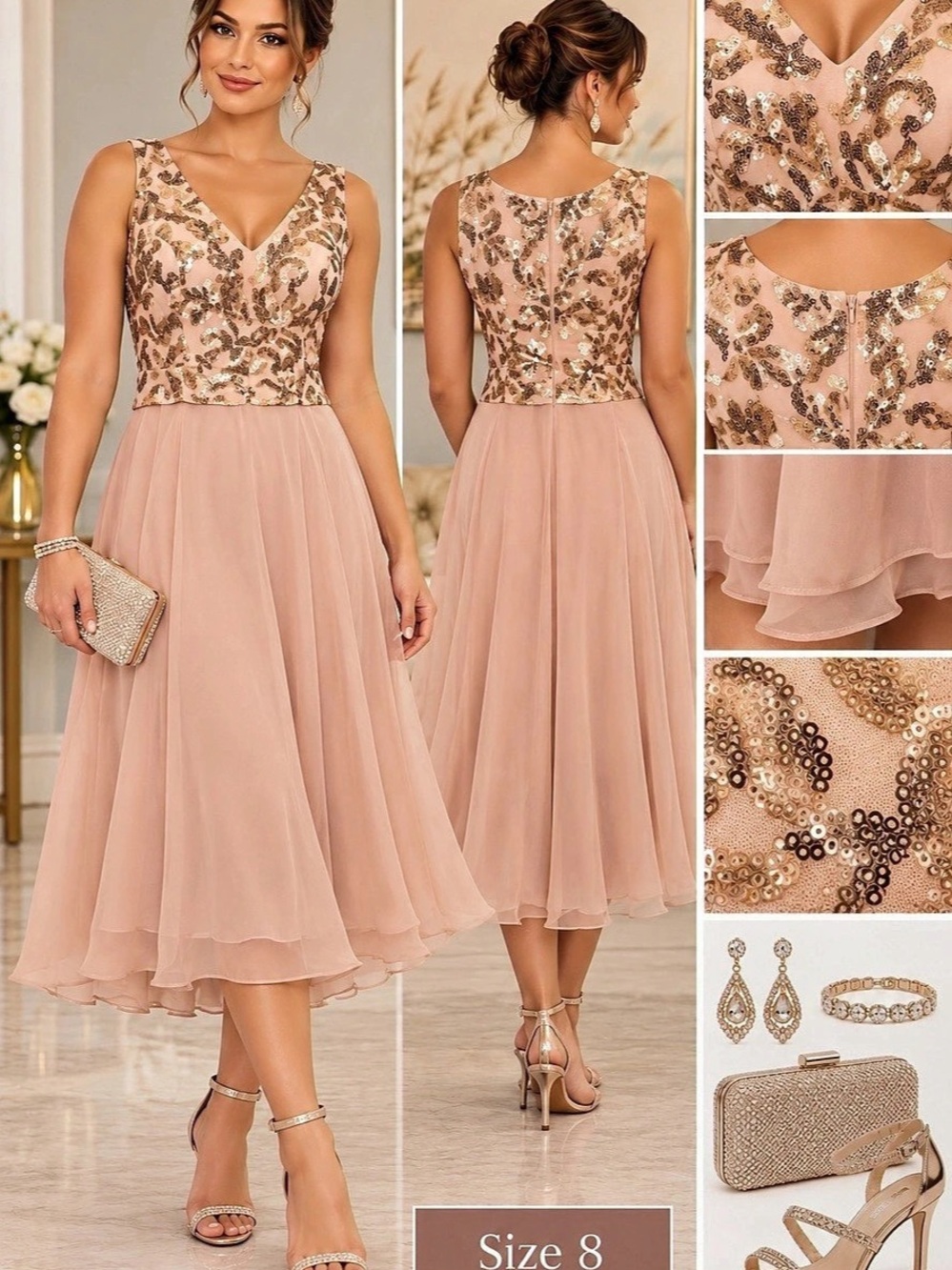 Size 8 Chiffon Sleeveless A-Line Midi Dress Pink & Gold